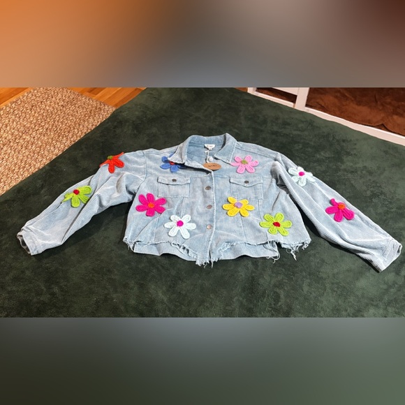 BiBi Jackets & Blazers - Bibi NWT XL Light Blue Corduroy Floral appliqués distressed Cropped Jacket -